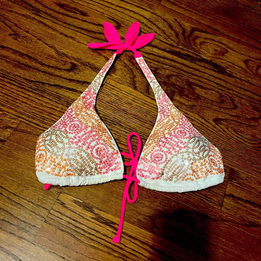 Victoria Secret Sequined Triangle Bikini Top Pink White Gold Iridescent
